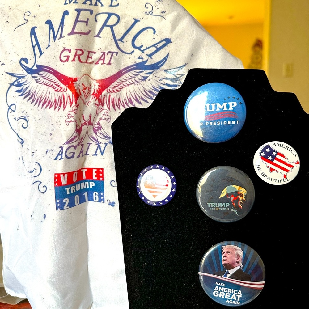 🦋 Trump Pins plus patriotic pins & small yard flag guc